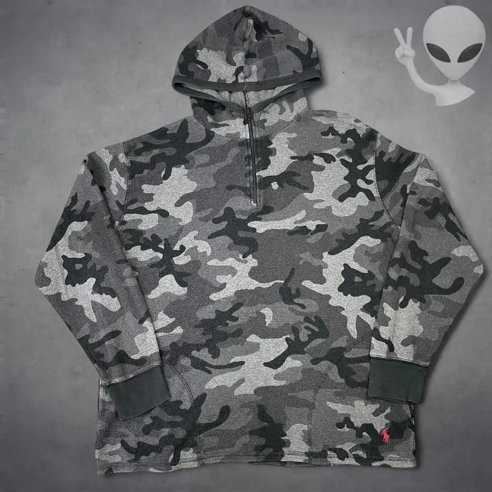 Polo Ralph Lauren Gray Camo Quarter Zip Thermal Hoodie Mens L Red Pony Waffle - Picture 1 of 7